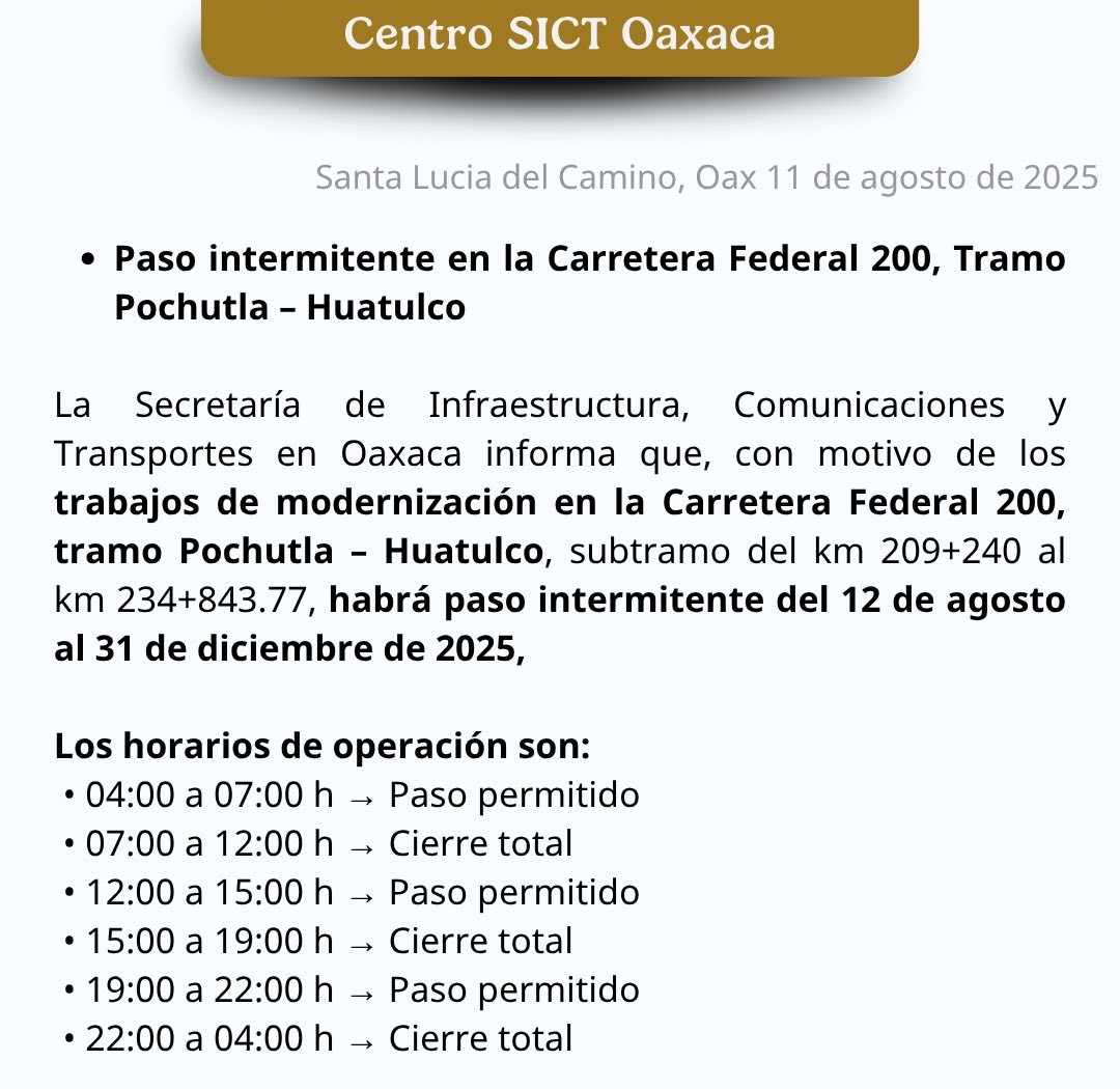 Paso intermitente en la Carretera Federal 200, Tramo Pochutla – Huatulco