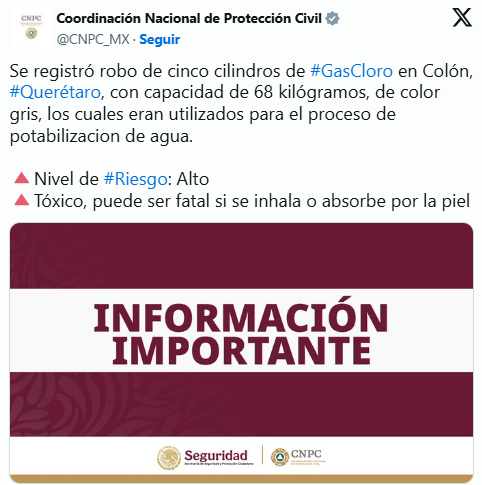 Emiten alerta por el robo de cilindros de gas cloro en Colón, Querétaro