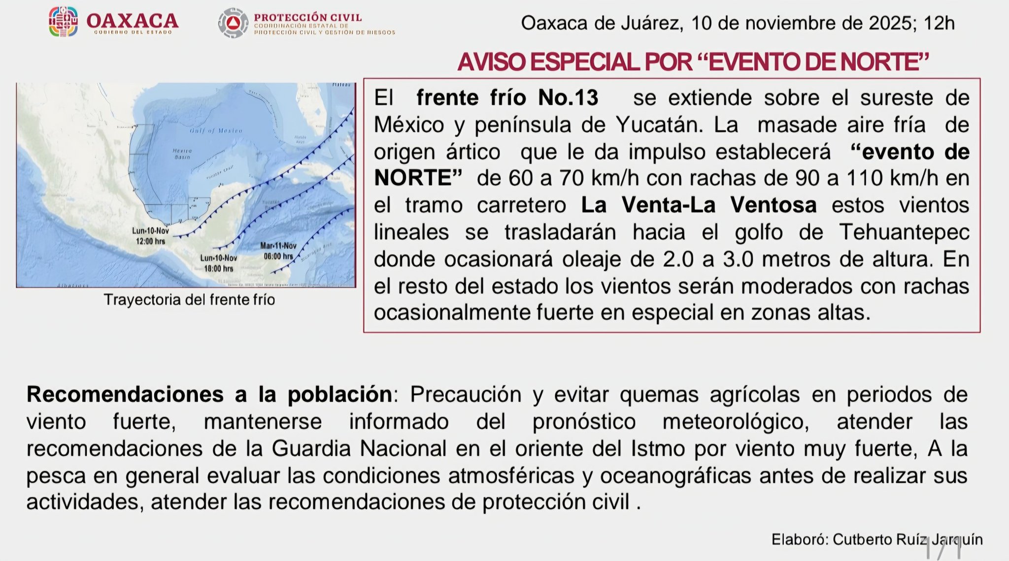 Se presentan fuertes vientos en el Istmo y Golfo de Tehuantepec